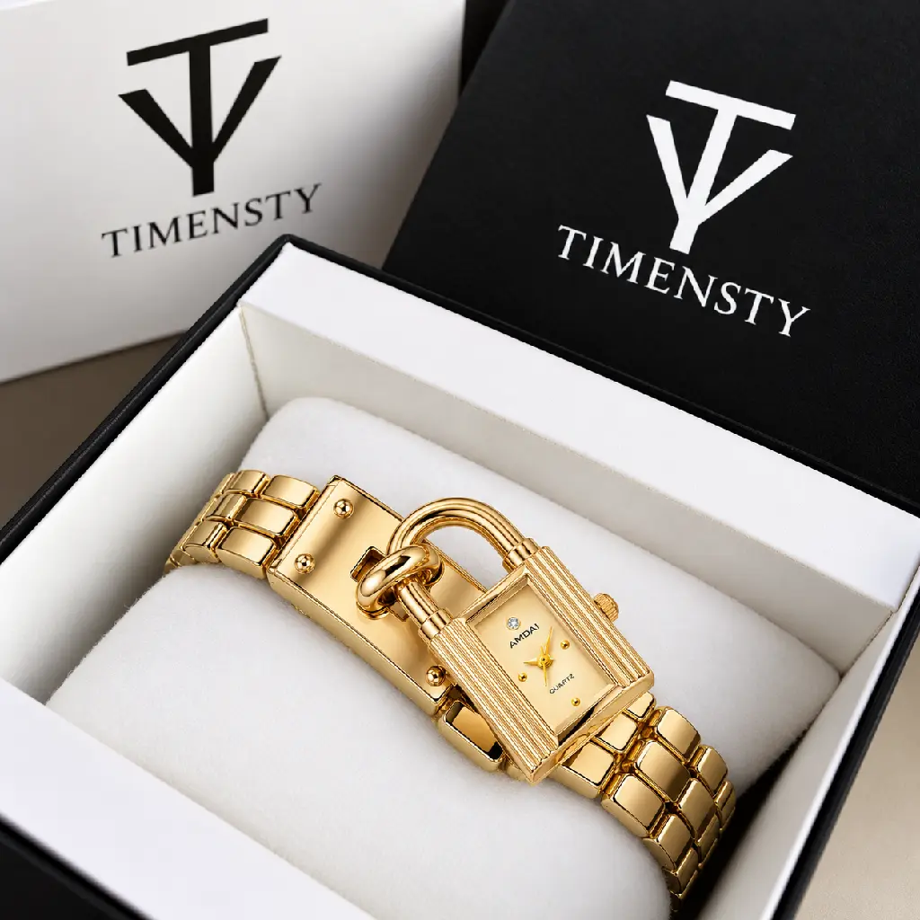 Luxury Gold Padlock Watch Presentation.webp